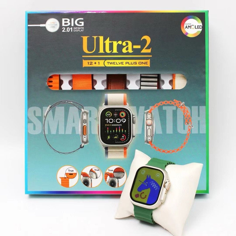 Smartwatch with colorful band on a white surface, next to its packaging.
